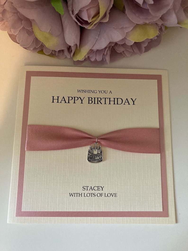 Personalised Mens or ladies luxury Birthday card with cake charm Dusky pink