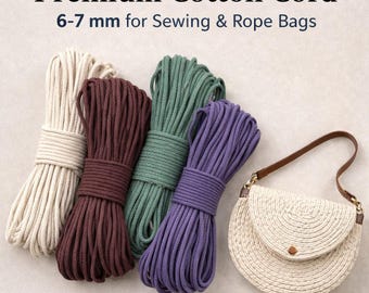 May include: Four bundles of coloured cotton cord, cream, burgundy, green, and purple, next to a woven bag with a brown leather handle. Text reads "Premium Cotton Cord 6-7 mm for Sewing & Rope Bags" and "Strong Core • Holds Shape."