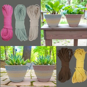 May include: Image featuring plant pots and rope in various colours. The pots have striped patterns in blue, yellow, and pink. The rope is available in pink, green, beige, brown, and yellow. The plants have green leaves.
