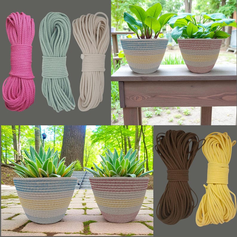 May include: Image featuring plant pots and rope in various colours. The pots have striped patterns in blue, yellow, and pink. The rope is available in pink, green, beige, brown, and yellow. The plants have green leaves.