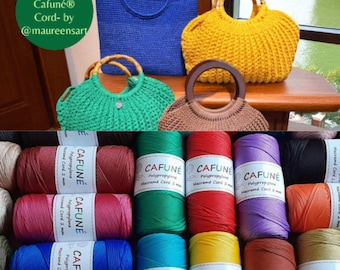 May include: Four handmade crochet handbags in blue, yellow, green, and brown with various handles, displayed above a collection of Cafuné polypropylene macramé cord spools in multiple colours, each labelled with 2 mm thickness and brand text.