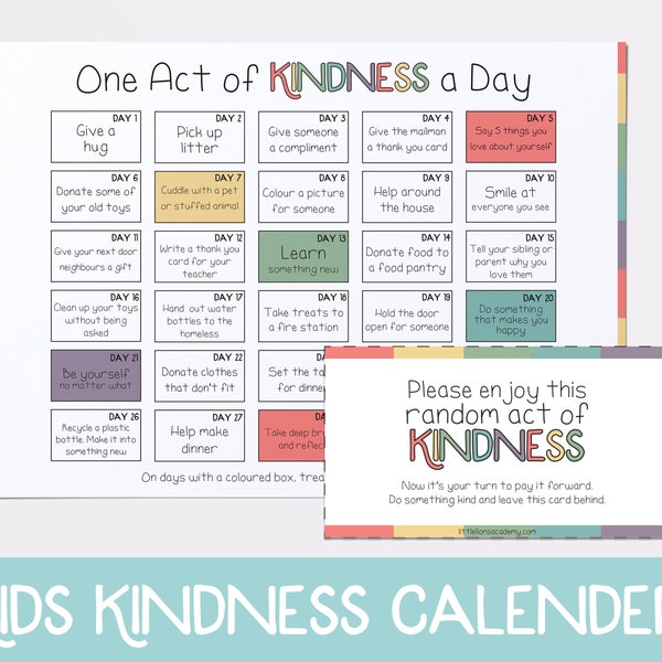 Random Acts of Kindness, Preschool Calendar, Kindness Printables, Treat People with Kindness, Pay it Forward, Printable Calender