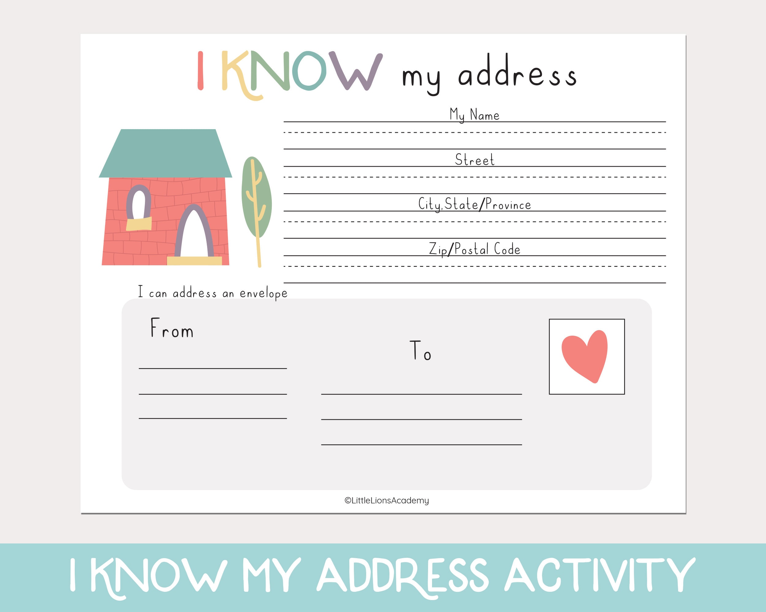 Editable Address Kids Activity, Address Practice, Homeschool Printable