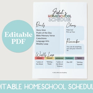 May include: Editable homeschool schedule template with a colourful design. The schedule includes daily activities, chores, and a weekly loop. The text "Judahi's Homeschool Schedule" is at the top of the page.