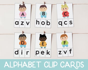 May include: Alphabet clip cards with illustrations of children and letters. Each card has a letter and a set of three letters to match.
