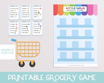 May include: A printable grocery game for kids. The game includes a grocery store with shelves and a shopping cart. There are 36 food items on the shopping list, including fruits, vegetables, dairy, and other grocery staples. The game is designed to help kids learn about different foods and how to shop for groceries.