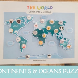 Kontinente Matching Spiel, Weltkarte Puzzle für Kinder, Kontinente Tiere, druckbare Weltkarte, Kontinente Montessori, Geographie Puzzles