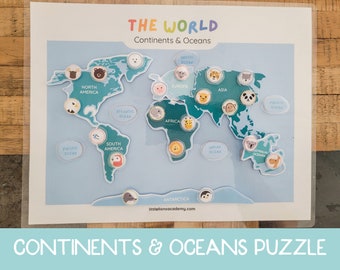 Continenten matching game, wereldkaart puzzel voor kinderen, continenten dieren, wereldkaart afdrukbaar, continenten montessori, geografie puzzels