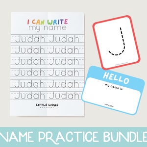 Peut inclure: Un lot d'exercices d'écriture de nom imprimable pour les enfants avec une feuille de travail avec le nom "Judah" écrit plusieurs fois, une étiquette de nom avec le texte "HELLO my name is" et une carte de traçage avec la lettre "J".