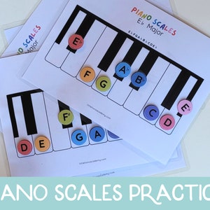 Può includere: Un set di tre fogli di pratica di scale per pianoforte stampabili con una tastiera di pianoforte bianco e nero e cerchi colorati con lettere che rappresentano note musicali. Il foglio superiore mostra la scala maggiore di Mi bemolle con il testo "PIANO SCALES Eb Major" e "EFGABCDES". Il foglio inferiore mostra la scala maggiore di Fa diesis con il testo "F# GA". Il testo "PIANO SCALES PRACTICE" è nella parte inferiore dell'immagine.