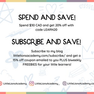Puede incluir: Un gr&aacute;fico blanco con bordes de colores que presenta el texto "Spend and Save!" y "Subscribe and Save!" con detalles sobre c&oacute;mo obtener un descuento en las compras y regalos gratis al suscribirse al blog. El texto "littlelionsacademy.com/subscribe/" est&aacute; incluido en el gr&aacute;fico.