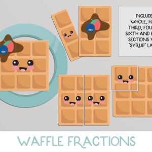 Könnte beinhalten: Ein Satz Waffel-Puzzleteile, die verschiedene Bruchteile der ganzen Waffel zeigen, darunter 1/1, 1/2, 1/3, 1/4, 1/6 und 1/8. Jedes Teil hat ein süßes Comic-Gesicht und ein Etikett mit dem Bruch. Der Text "INCLUDES WHOLE, HALF, THIRD, FOURTH, SIXTH AND EIGHTH SECTIONS WITH "SYRUP" LABELS" befindet sich auf einer weißen Karte. Der Text "WAFFLE FRACTIONS" befindet sich am unteren Rand des Bildes.