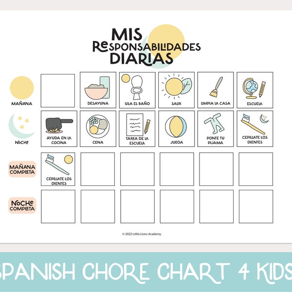Spanish Chore Chart, Kids Responsibility Chart, Daily Routine Chart, Chore chart printable, Chore Chart for Kids