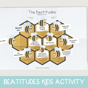 May include: A colorful printable worksheet for kids featuring a honeycomb design with bees and text about the Beatitudes from the Bible. The text includes "Blessed are..." and "The Poor in Spirit".