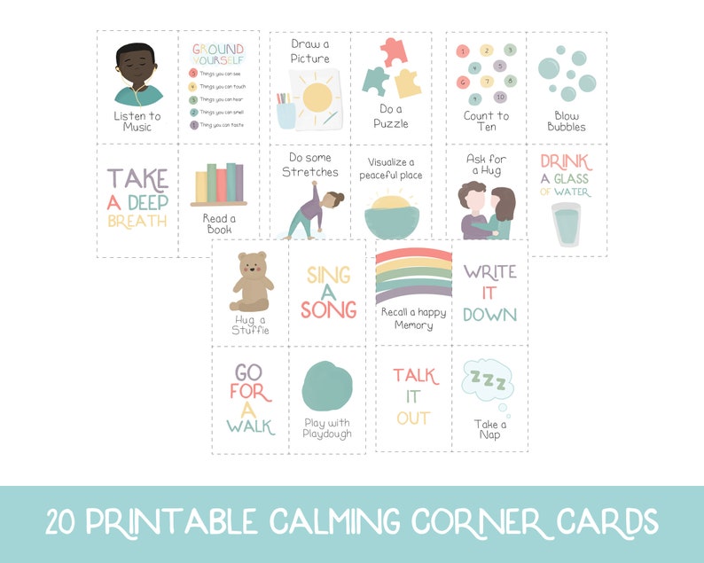 Puede incluir: Veinte tarjetas de esquina relajantes imprimibles con ilustraciones y texto coloridos. Las tarjetas presentan actividades como respirar profundamente, abrazar un animal de peluche, cantar una canci&oacute;n y escribir. Las tarjetas est&aacute;n dise&ntilde;adas para ayudar a ni&ntilde;os y adultos a controlar el estr&eacute;s y la ansiedad.