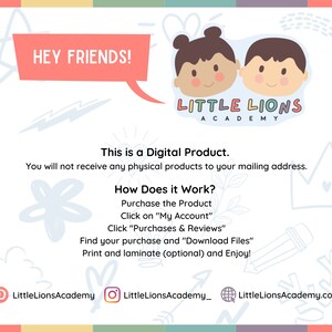 Puede incluir: Un anuncio de producto digital con una ilustraci&oacute;n de dibujos animados de dos ni&ntilde;os con el texto "Hey Friends!" y "Little Lions Academy". El texto explica que se trata de un producto digital y proporciona instrucciones sobre c&oacute;mo comprar y descargar el producto.