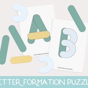 May include: A printable letter formation puzzle for kids. The puzzle features the letters A and B made up of different colored shapes. The shapes are blue, green, and yellow.