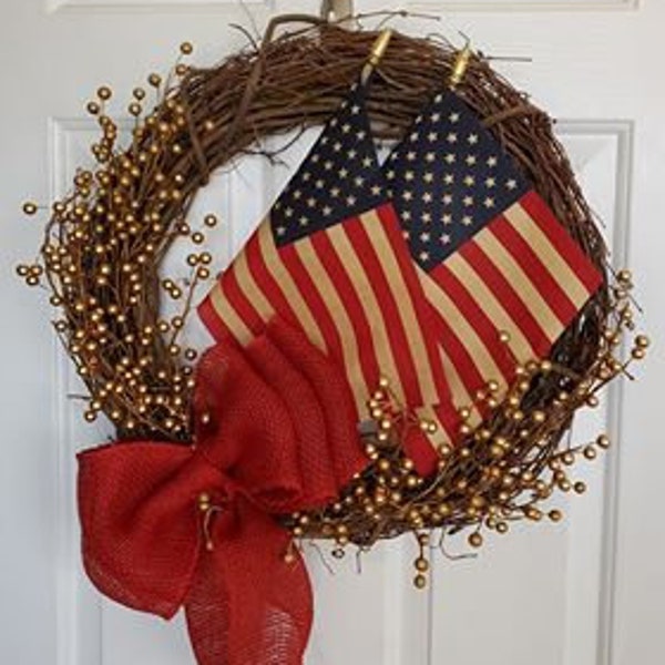 American Wreath, Patriotic Wreath, Tea Stained Flag, Country Patriotic, , 4th of July ,Military Wreath FREE PRIORITY SHIPPING ready to ship