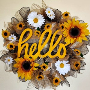 22 inch sunflower wreath with Hello sign