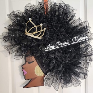 Queen Afro Diva Wreath hand painted with deco mesh for hair and plastic crown with faux jewels