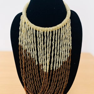 African Maasai handmade beaded necklace | fringe necklace | multiple strands| beige brown