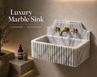 Luxury Floating Marble Sink with Backsplash, Wall Mounted Stone Basin, Handmade Bathroom Vanity, Custom Marble Sink