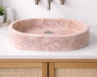Lavabo de ónix a medida, lavabo de mármol ónix rosa, lavabo ovalado de piedra, lavabo de lujo para baño, lavabo de tocador de ónix hecho a mano.