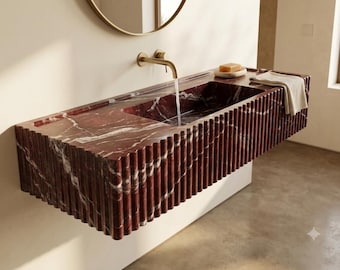 Rosso Levanto Fluted Marble Sink, Floating Wall-Mounted Bathroom Basin, Handmade Burgundy Stone Vanity