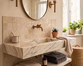 Floating Marble Sink – Wall Mounted Bathroom Basin, Custom Stone Vanity Sink, Handmade Luxury Washbasin
