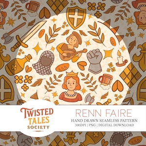 May include: A seamless pattern with a medieval theme. The design features illustrations of a queen, a knight playing a lute, swords, shields, and other Renaissance-era elements in shades of brown, gold, and beige. The text "RENN FAIRE" is also included.
