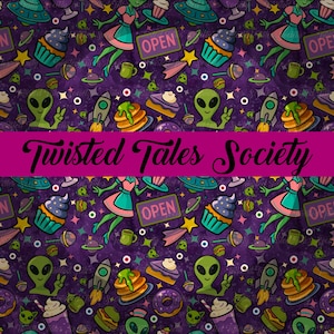 May include: A purple pattern featuring cartoon aliens, cupcakes, rockets, and flying diner waitresses. The design includes the text "Twisted Tales Society" in a pink banner. The overall theme is a whimsical, space-themed diner.