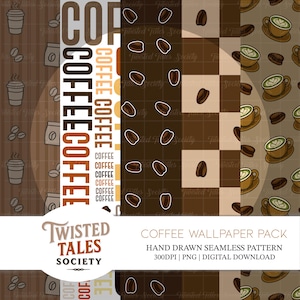 Può includere: Un pacchetto di sfondi digitali a tema caffè con vari motivi senza cuciture. I disegni includono chicchi di caffè, tazze di caffè e la parola "COFFEE". La tavolozza dei colori è composta da marroni, beige e bianco.