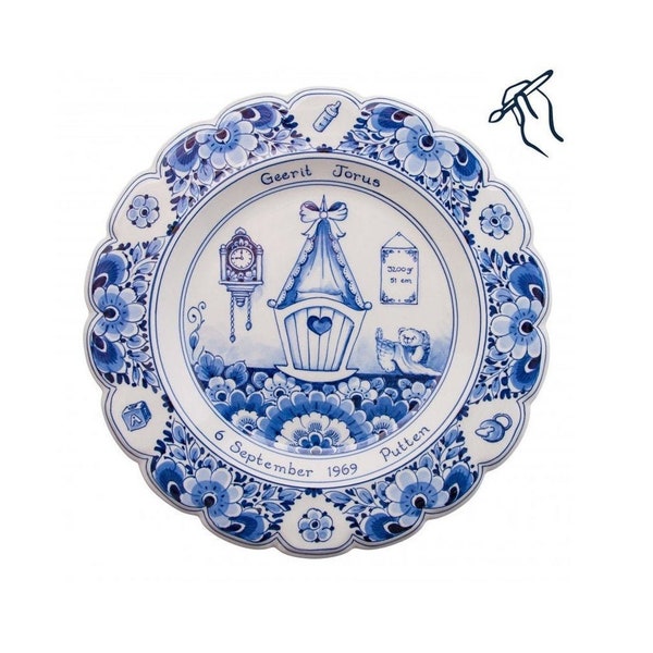 Delfter blauer personalisierter Geburtsteller aus Porzellan, vollständig handgefertigtes und handbemaltes Geburtsgeschenk