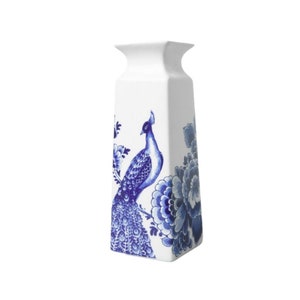 Vaso per fiori blu di Delft di forma quadrata con pavone su porcellana - piccolo