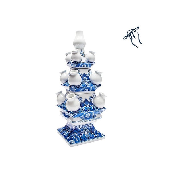 Tulip vase three-piece pyramid style, Delft blue, hand-painted porcelain tulipiere