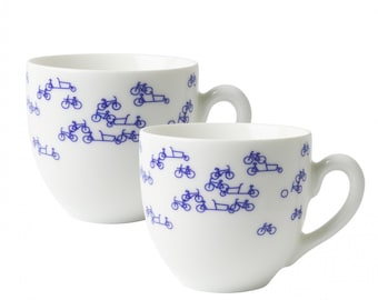 Set of 2 coffee cups of 200 ml, Delft blue with bicycles, coffee, tea, mug, cup