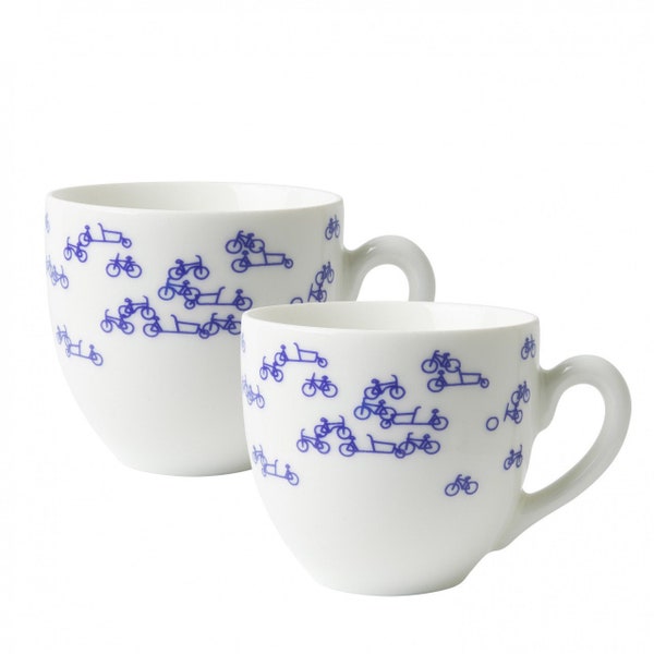 Set of 2 coffee cups of 200 ml, Delft blue with bicycles, coffee, tea, mug, cup