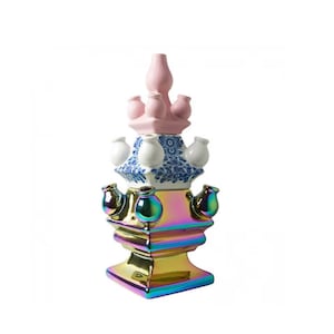 Delft tulipiere 3-piece pyramid style tulip vase, matte pink, rainbow and Delft blue porcelain