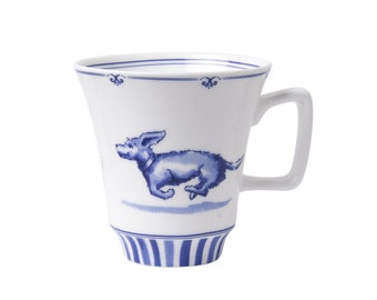 Set of 2: coffee mug Delft blue porcelain, decorated with dachshund, running dog, 145 ml
