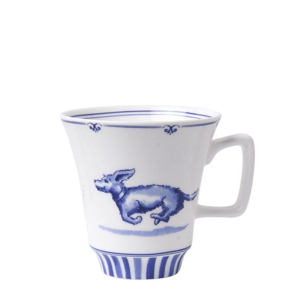 Lot de 2 : tasse à café en porcelaine bleue de Delft, décorée de teckel, chien qui court, 145 ml