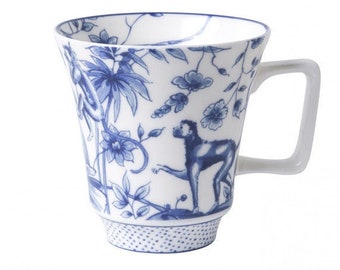 Ensemble de 4 tasses à thé élégantes bleu de Delft, en porcelaine, à décor de singes, de fleurs et de branches