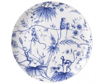 Set of 4 Delft blue breakfast plate, porcelain, decorated with monkeys, flowers and branches