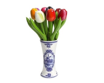 Delft blue porcelain vase with 9 wooden colored tulips