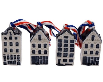 Set of 4 Delft blue canal houses on a ribbon, porcelain Christmas ornament