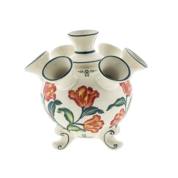 Delft orange tulip vase with several spouts and lush tulip design