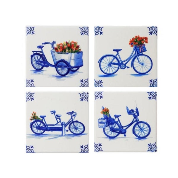 Delft blue coasters with bicycles or canal houses, porcelain, set of 4