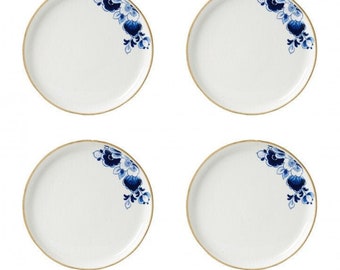 4Pcs. breakfast plates with Delft blue flower decor, porcelain