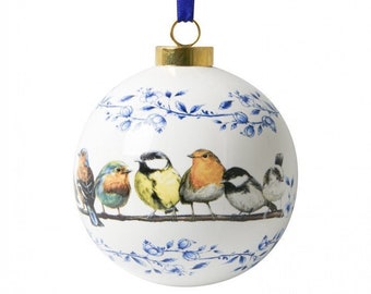 Set of 2 Delft porcelain Christmas baubles with a forest birds decoration, Christmas ornament for the Christmas tree