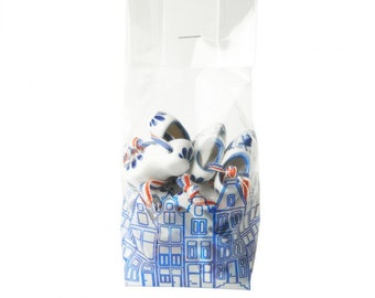 Delft blue porcelain clogs on a ribbon in a bag, Christmas ornaments, 8 pieces