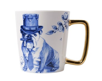 Set of 4 porcelain Mugs with Delft blue dog and gold handle